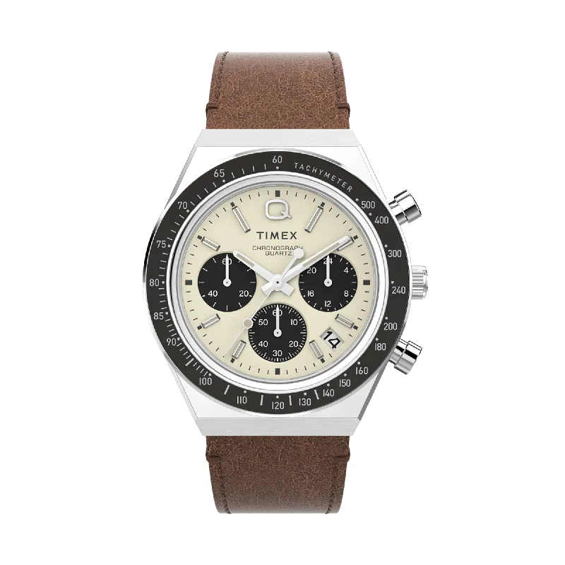 Men's Chronograph Watches for Workouts-Q Timex Chronograph 40mm Leather Band