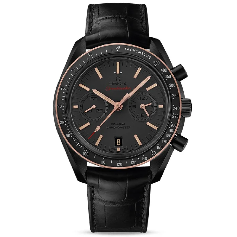 Women's Chronograph Watches with Hygrometer Feature-OMEGA Speedmaster Dark Side of The Moon Chronograph 44.25mm Black Dial 18ct Rose Gold & Ceramic Automatic Watch 31163445106001