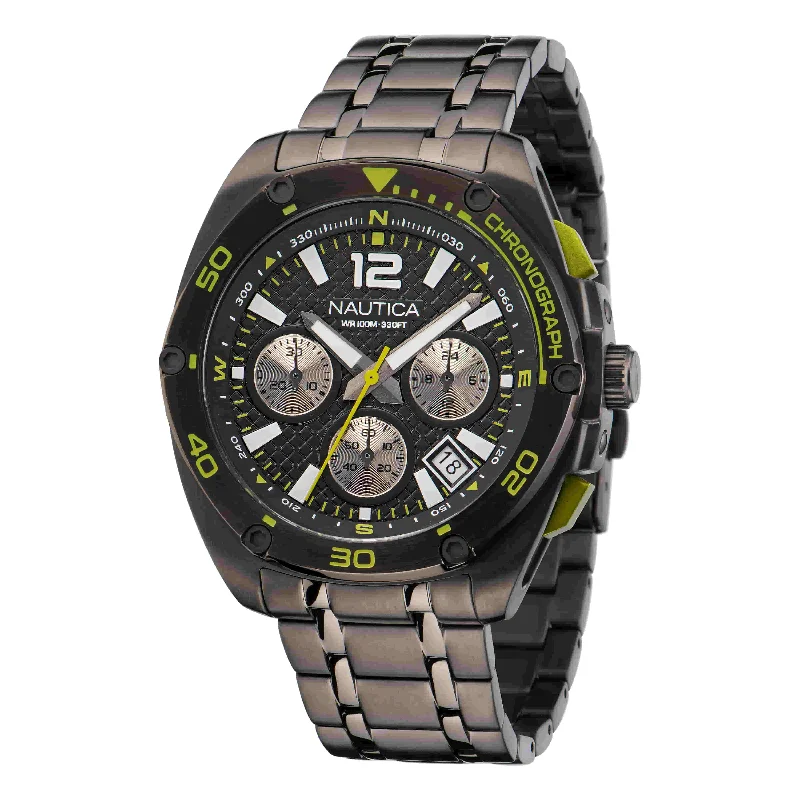 Women's Chronograph Watches with Limited Edition-Nautica Tin Can Bay Black Dial Round Case Quartz Chronograph Analog Men Watch