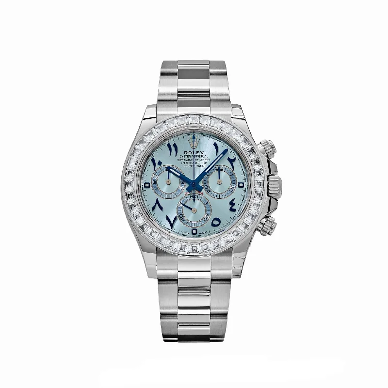 Rolex Datejust vs Day-Date comparison for men's dress watches -Rolex Daytona 116576TBR Platinum Diamond Ice Blue Arabic Dial (2023)