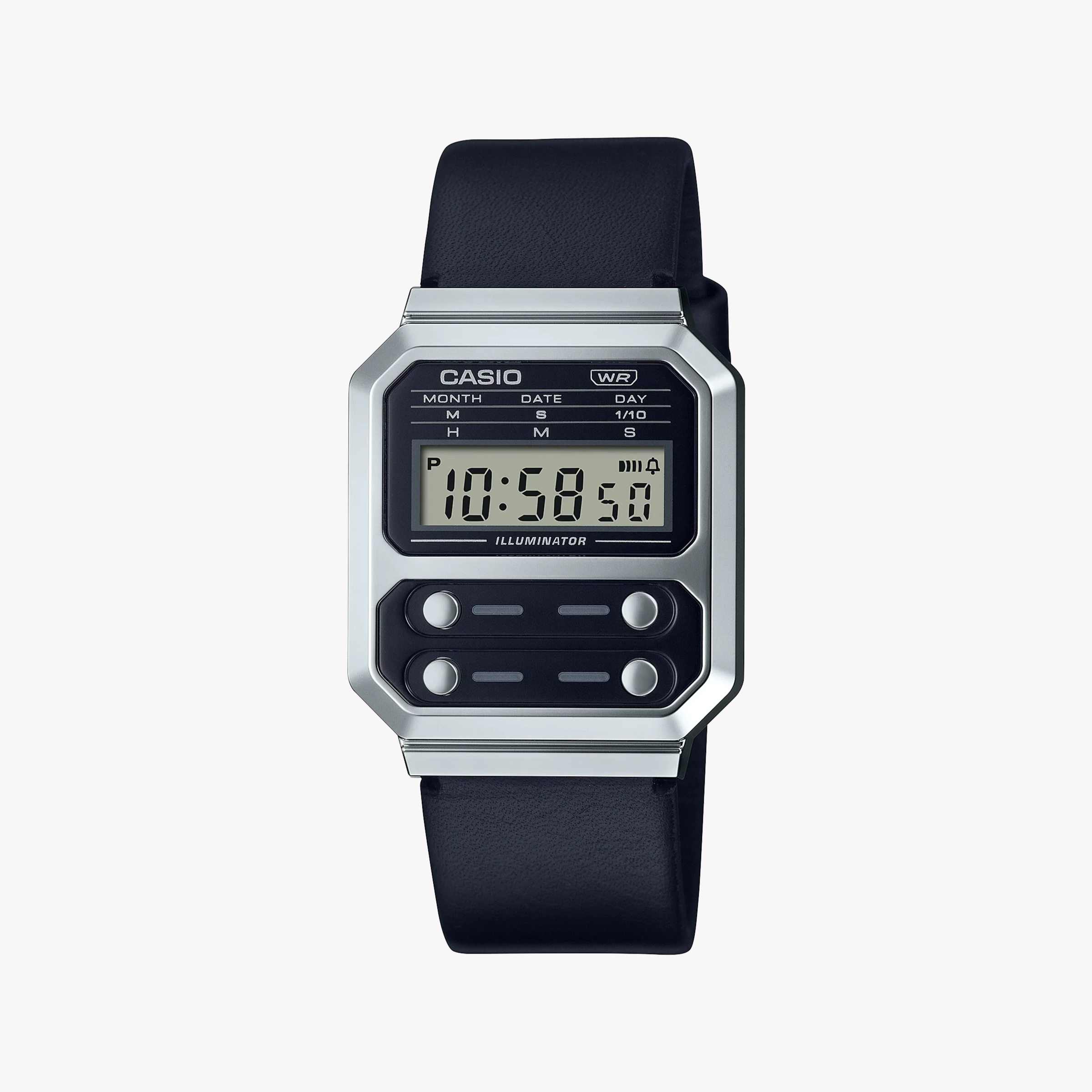 Men's Digital Watches with Heart Rate Monitoring-Casio Unisex Silver Resin Watch, Black Leather Band | A100WEL-1ADF