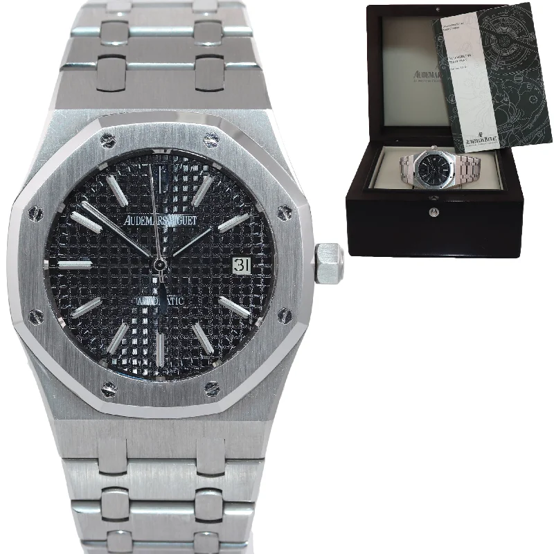 Women's Audemars Piguet Retro Style Watches-MINT Audemars Piguet Royal Oak Black Stick Dial 39mm Steel 15300 Date Watch Box