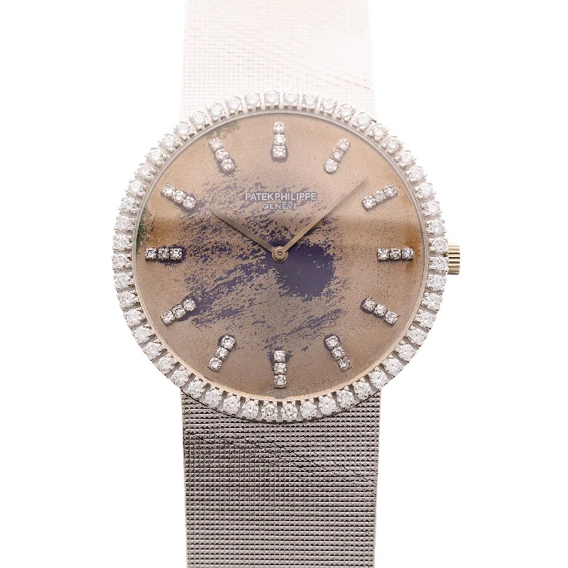 Men's Patek Philippe Watches with Compass Calibration-Patek Philippe White Gold Automatic Calatrava Tropical Dial Diamond Watch Ref. 3588