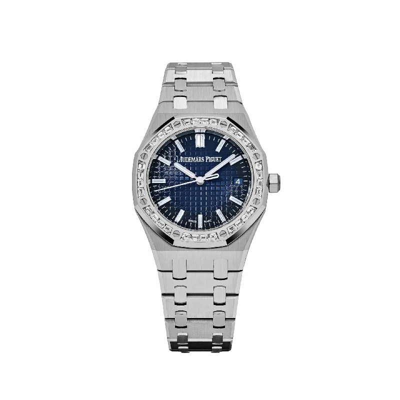 Men's Audemars Piguet Fashionable Style Watches-Audemars Piguet Royal Oak 15551BC.ZZ.1356BC.01 Diamond Bezel White Gold Smoked Blue Dial (2024)