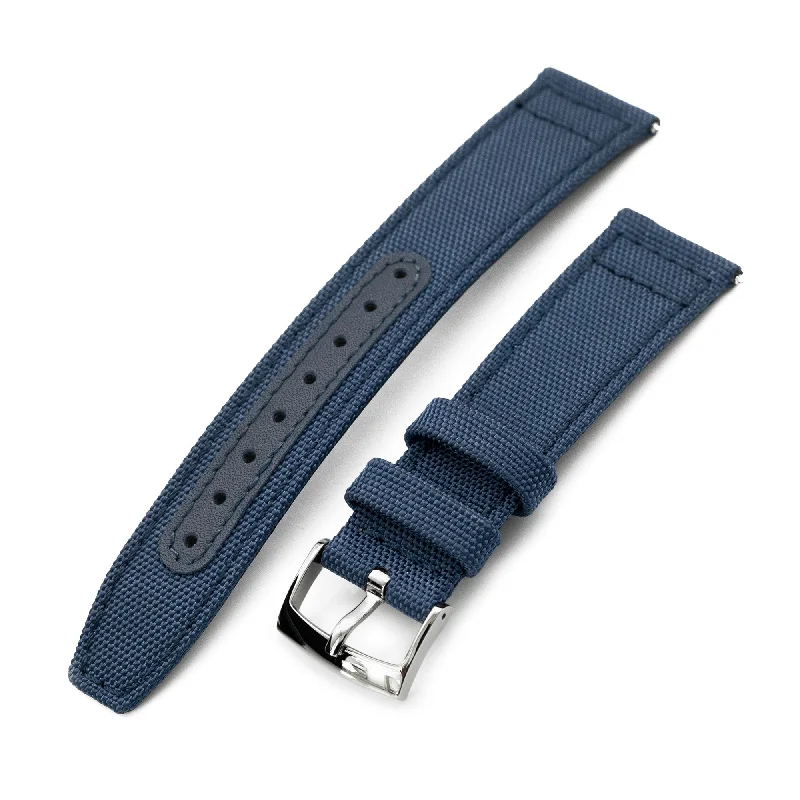 Men's Military Watches with Pop Music Venues-Q.R. 20mm Blue Sailcloth Watch Band with leather lining