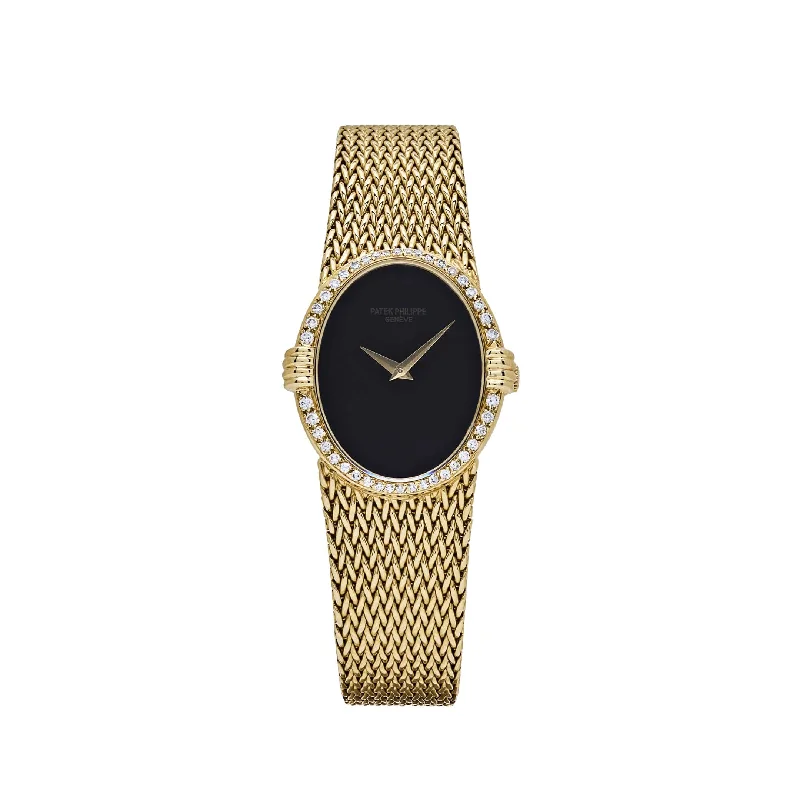 Men's Patek Philippe Watches for Retro Charm-Patek Philippe Ellipse Vintage Yellow Gold Black Onyx Dial Diamond Bezel