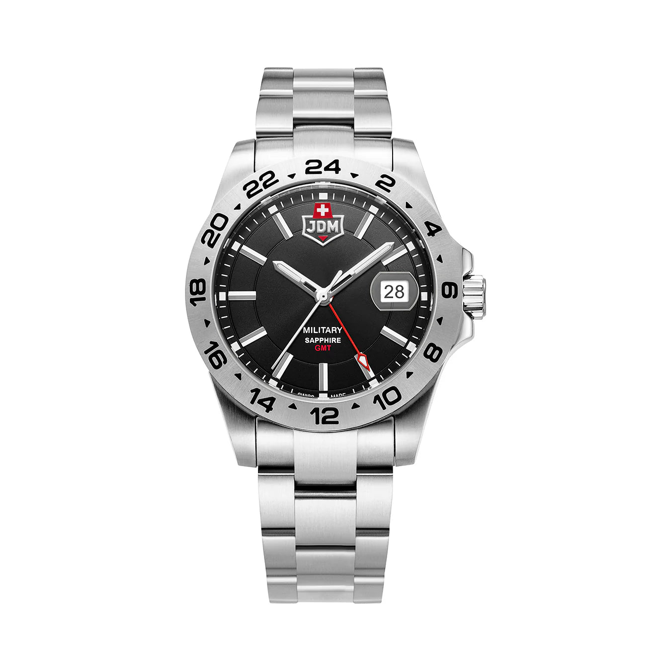 Men's Military Watches with Mediation Services-JDM Military Delta 24 Men's Black Dial Watch JDM-WG018-02 – Swiss Made, 45mm, Sapphire Crystal, Date Function, 10 ATM, Stainless Steel Bracelet=