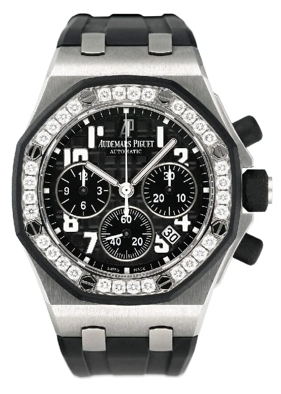 Men's Audemars Piguet Seasonal Style Watches-Audemars Piguet Royal Oak Offshore 26048SK Diamond Black Dial Ladies Watch Box Papers