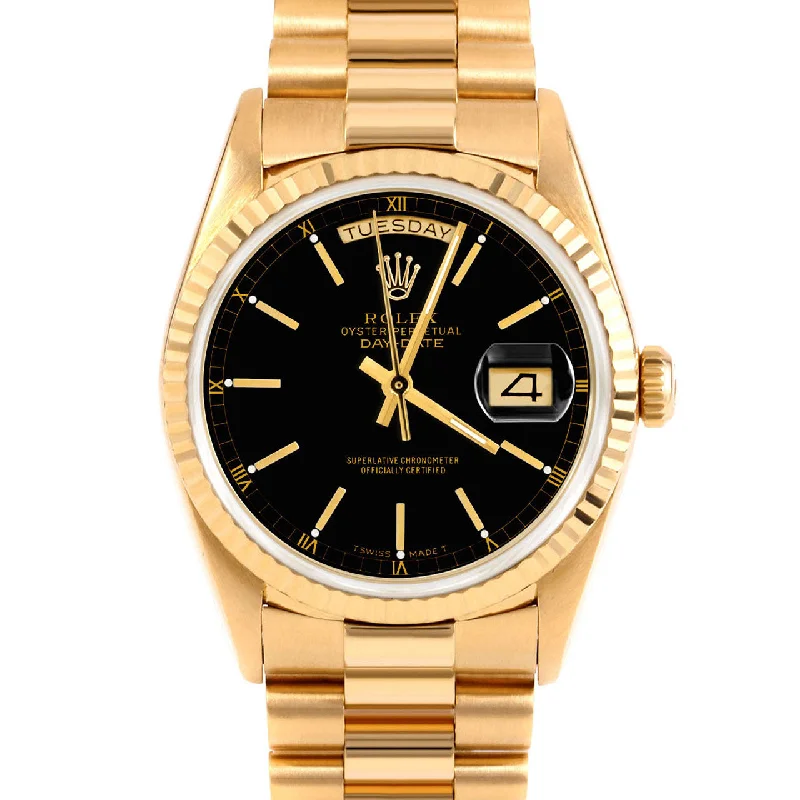 Authentic Rolex men's watch box and papers verification -Rolex Day-Date 36mm | 18238-BLK-STK-FLT-PRS
