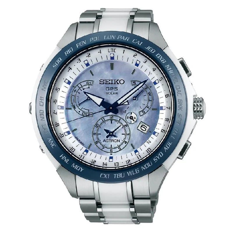 Men's Chronograph Watches for Military Personnel-Seiko Men's SSE039 Astron GPS Solar Chronograph Two-Tone Titanium and Ceramic Watch