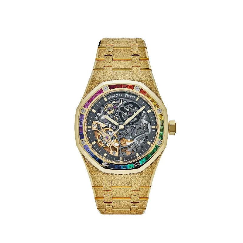 Men's Audemars Piguet Formal Event Design Watches-Audemars Piguet Royal Oak 15412BA.YG.1224BA.01 Rainbow Baguette Frosted Yellow Gold Double Balance Wheel