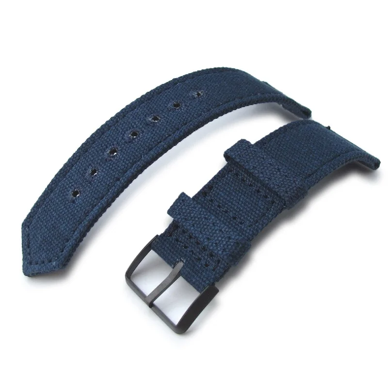 Men's Military Watches with Data Protection-20mm, 21mm or 22mm MiLTAT WW2 2-piece Navy Washed Canvas Armband with lockstitch round hole, PVD Black