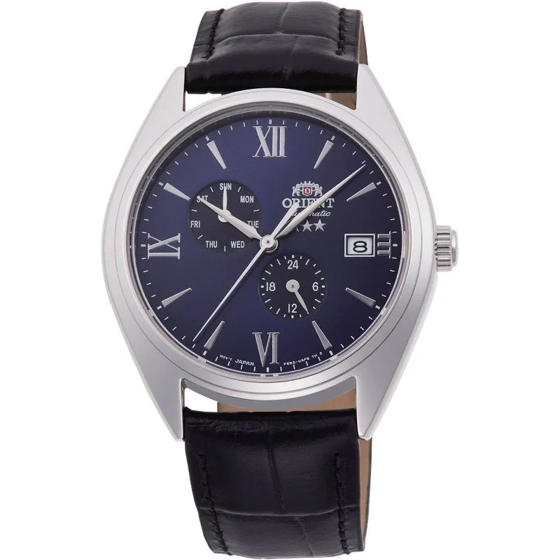 Men's Chronograph Watches with Personalized Engraving-Orient Men's RA-AK0507L10B Tri Star Black Leather Watch
