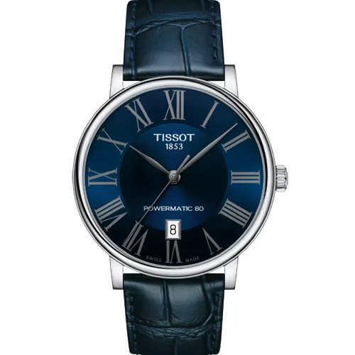 Women's Heritage Watches with Special Edition-Tissot T-Classic Carson Premium Powermatic 80 Blue Dial Men 40mm T1224071604300