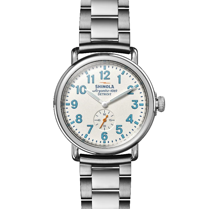 Men's Chronograph Watches with Anniversary Edition-Shinola 41MM Runwell Velvet Alabaster with Blue Index Steel Watch 