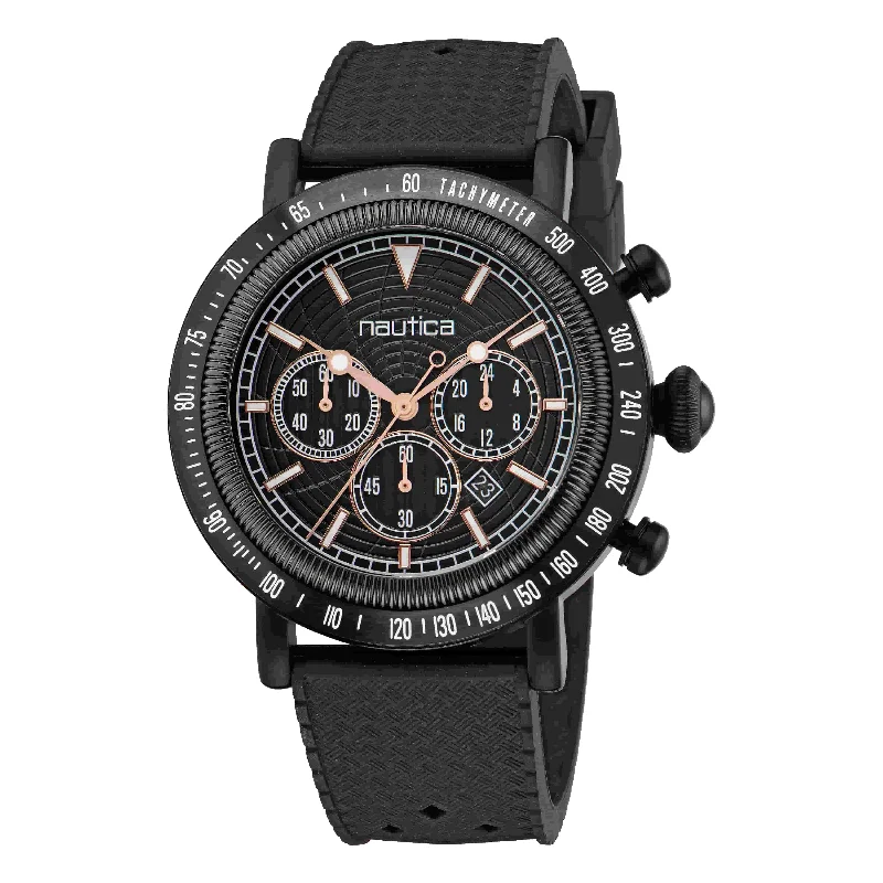 Women's Chronograph Watches for Mountain Climbing-Nautica Spettacolare Reissue Black Dial Round Case Quartz Chronograph Analog Men Watch
