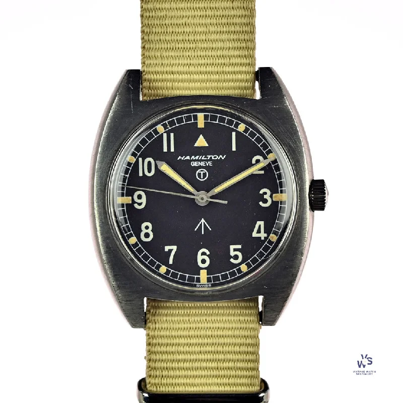 Men's Military Watches with Tachymeter-Hamilton - Royal Air Force Cushion Cased Watch - Geneve Dial - Caseback Marked 6bb - 1974