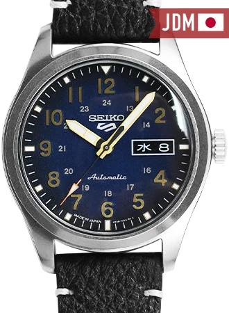 Men's Seiko Designer Design Watches-Seiko 5 Sports “Military Style” Blue - Leather Ref. SBSA119