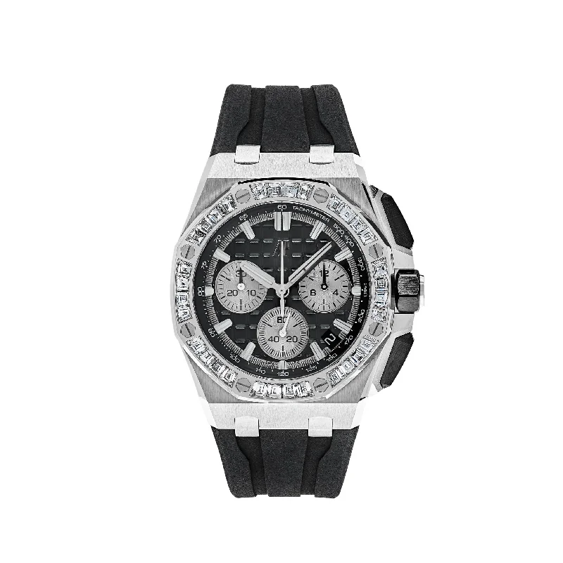 Men's Audemars Piguet Kinetic Watches-Audemars Piguet Royal Oak Offshore 26424BC.ZZ.D002CA.01 Selfwinding Chronograph White Gold Diamond Bezel Black Dial