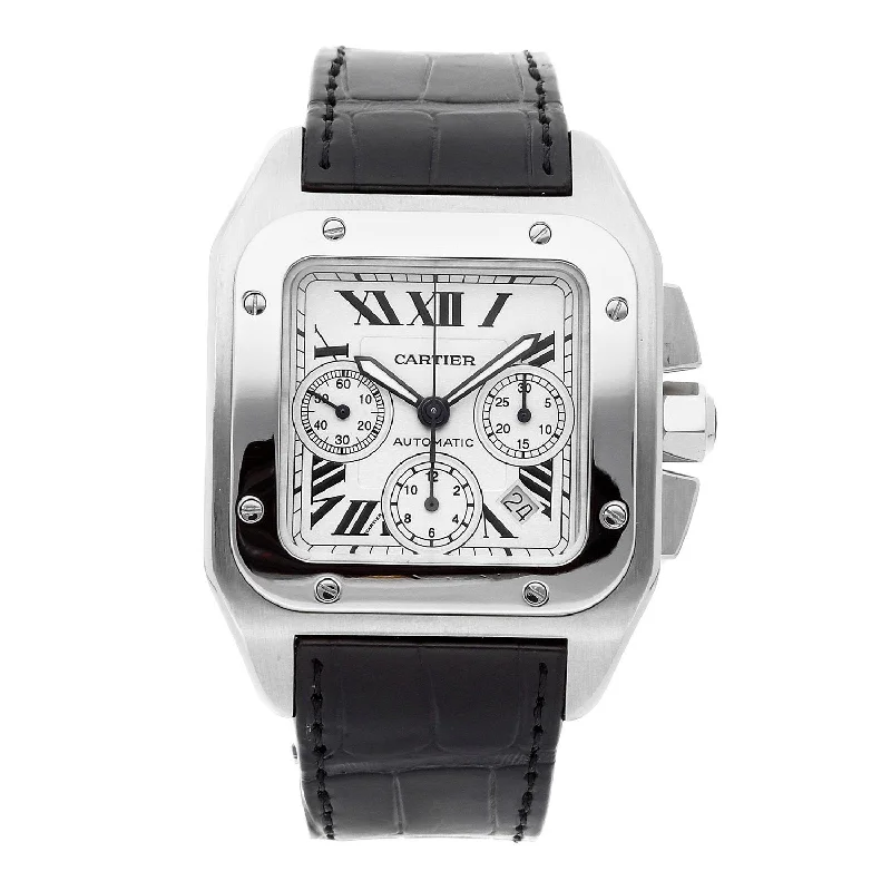 Men's Chronograph Watches with Laser Engraving-Cartier Men's W20090X8 Santos Chronograph Automatic Black Leather Watch