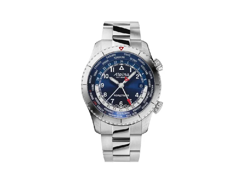 Men's Quartz Watches for Workouts-Alpina Startimer Pilot Quartz Worldtimer Watch, 41 mm, Blue, Day, AL-255N4S26B