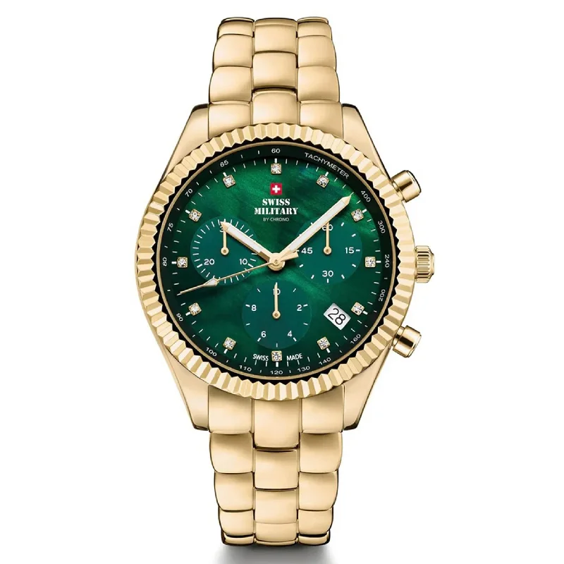 Men's Military Watches for Law Enforcement Agencies-Swiss Military Gold Steel Green Dial Chronograph Women's Watch - SM30207.04