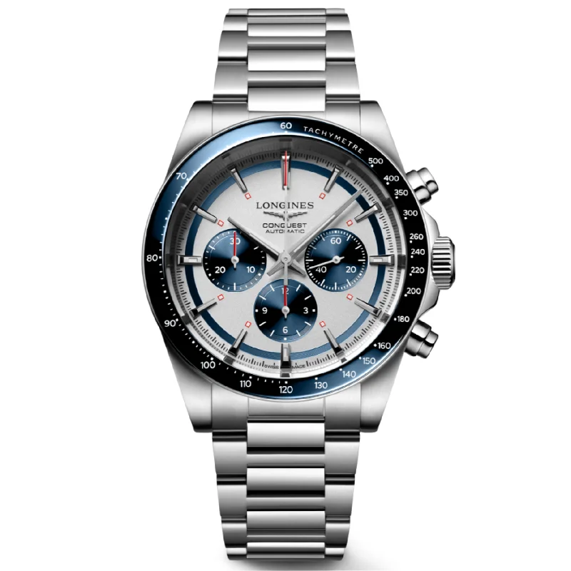 Women's Pilot Watches for Understated Elegance-Longines Conquest Chronograph Silver Matt & Blue Dial Men 42mm