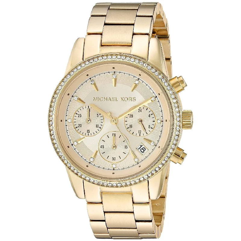 Women's Chronograph Watches with Pilot's Watch Design-Michael Kors Women's MK6356 Ritz Chronograph Crystal Gold-Tone Stainless Steel Watch