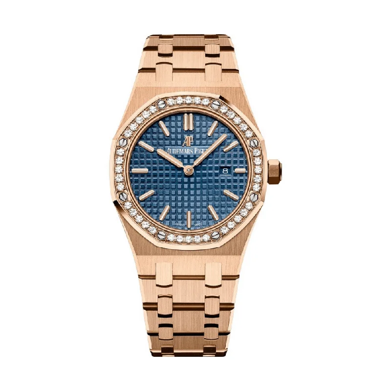 Men's Audemars Piguet Office Wear Design Watches-Audemars Piguet Royal Oak Quartz 67651OR.ZZ.1261OR.02 'Ladies' Rose Gold Blue Dial Diamond Bezel