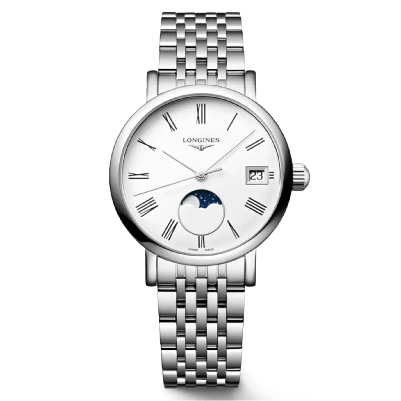 Women's Pilot Watches for Orienteering-Longines Elegant Moonphase White Matt Dial Men 30mm