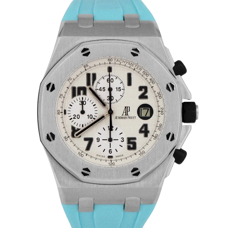 Women's Audemars Piguet Hand-Wound Style Watches-MINT Audemars Piguet Royal Oak Offshore Safari Cream White Chrono Steel 26170ST