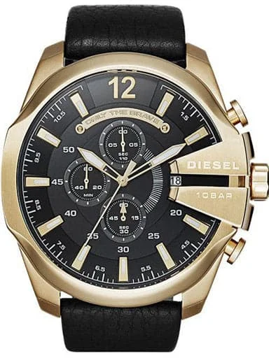 Men's Automatic Chronograph Watches-Diesel Mega Chief Round Analog Black Dial Leather Watch