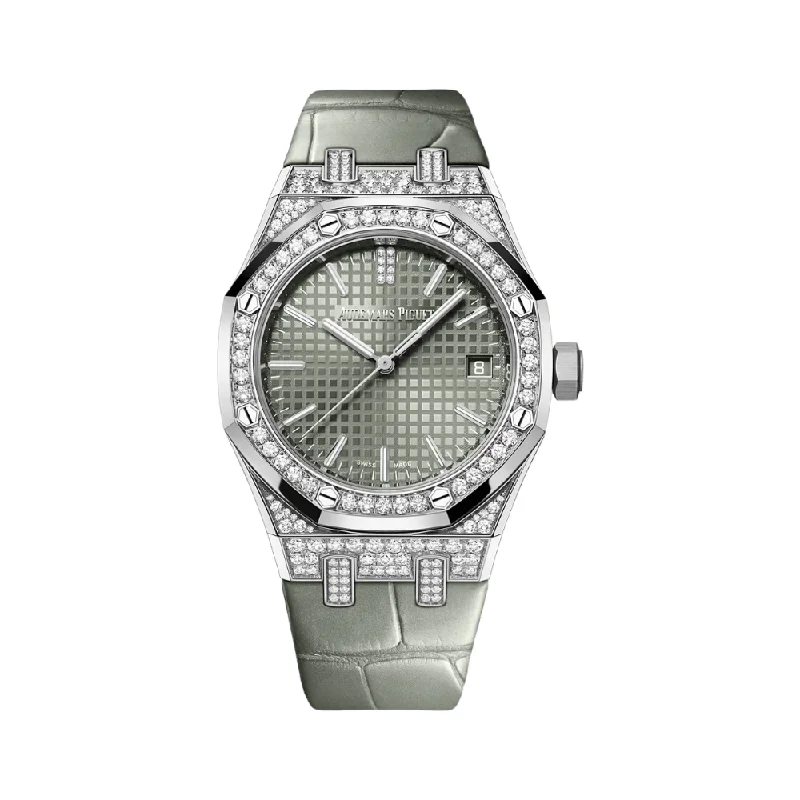 Men's Audemars Piguet Retro Style Watches-Audemars Piguet Royal Oak 15551BC.ZZ.D405CR.01 Diamond Bezel Diamond and White Gold Case Green Dial