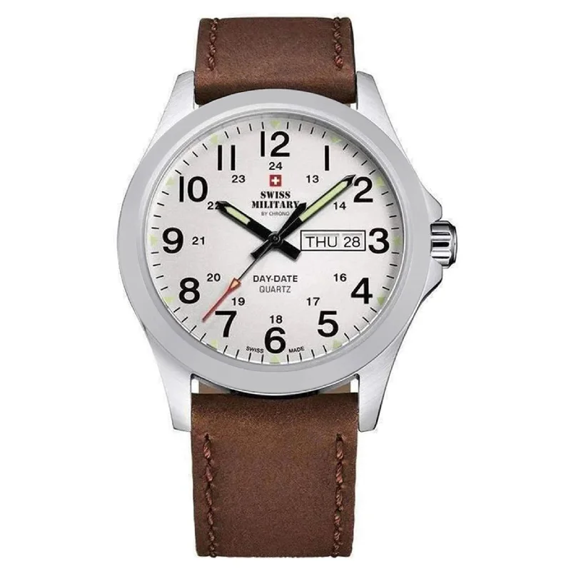 Men's Military Watches with Historical Landmarks-Swiss Military Brown Leather White Dial Men's Watch - SMP36040.16