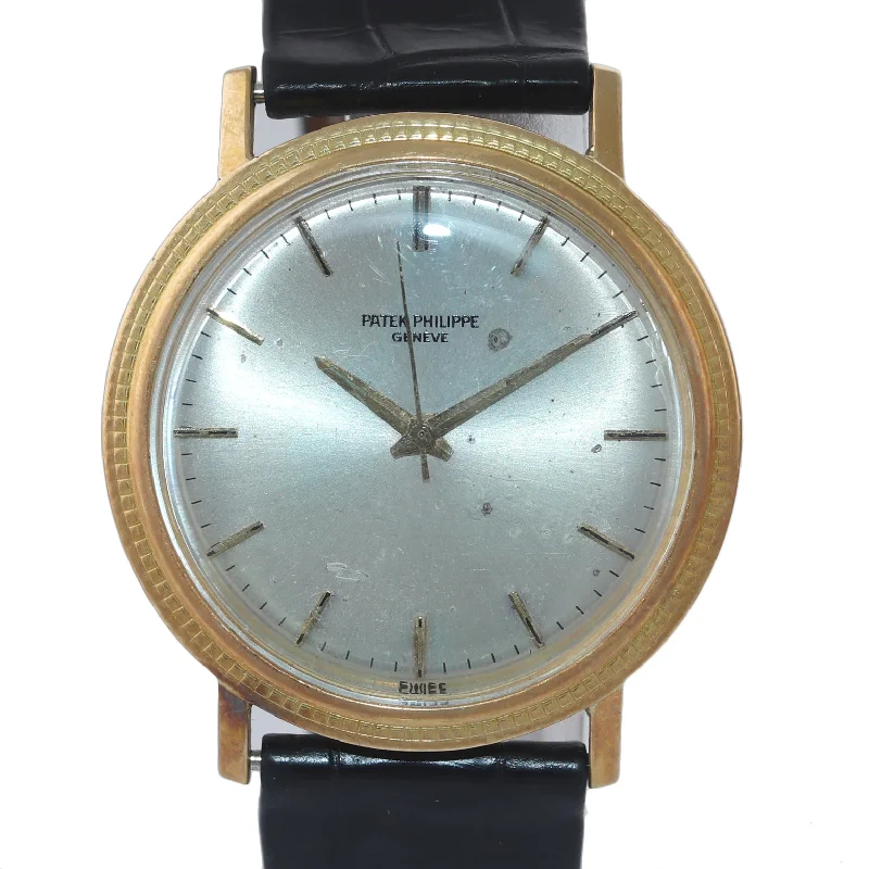 Women's Patek Philippe Everyday Wear Watches-VTG Patek Philippe Calatrava 3569 18k Yellow Gold 35mm Silver Hobnail Watch