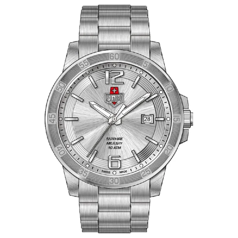 Men's Military Watches for National Holidays-JDM Military Oscar Men's Silver Dial Watch JDM-WG025-02 – Swiss Made, 42mm, Stainless Steel, Sapphire Crystal, Quartz, 10 ATM