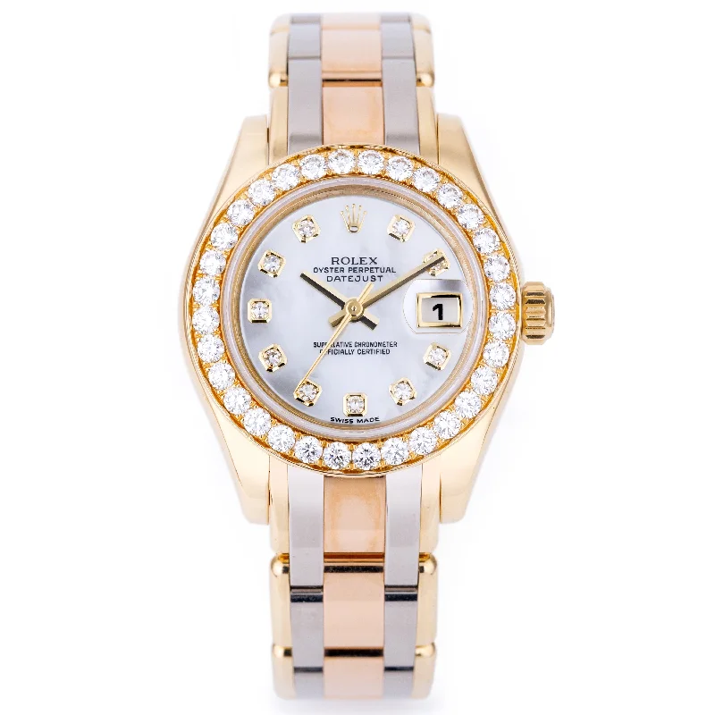 men's Rolex watches with aluminum bezel insert -Rolex Pearlmaster 29mm | REF. 80298 | Tridor Three-Colour Gold | White Mother of Pearl Diamond Dial | Diamond Bezel | 2007