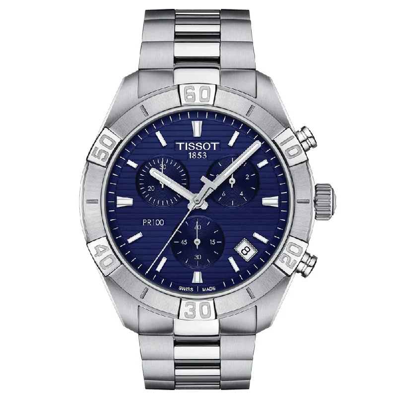 Women's Chronograph Watches with Laser Engraving-Tissot PR 100 Sport 44mm Blue Dial Quartz Chronograph Gents Watch T1016171104100