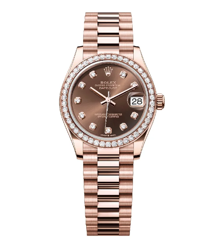 men's Rolex watches with leather straps -​31mm 18k Everose Gold President Diamond Bezel Chocolate Diamond Dial
