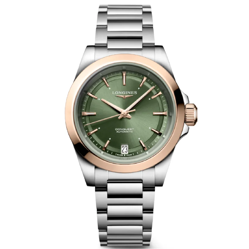 Women's Pilot Watches with Luxury Materials-Longines Conquest Sunray Green Dial Men 34mm