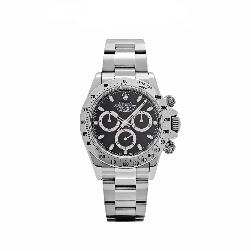 men's Rolex watches with rainbow gemstone bezel -​Rolex Daytona 116520 Stainless Steel Black Dial (2002)