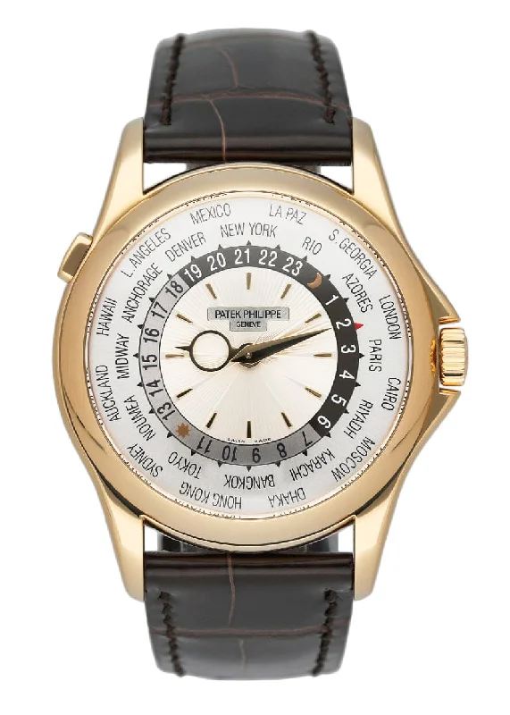 Men's Patek Philippe Watches with Luxury Materials-Patek Philippe World Time 5130J 18K Yellow Gold Mens Watch Box Papers