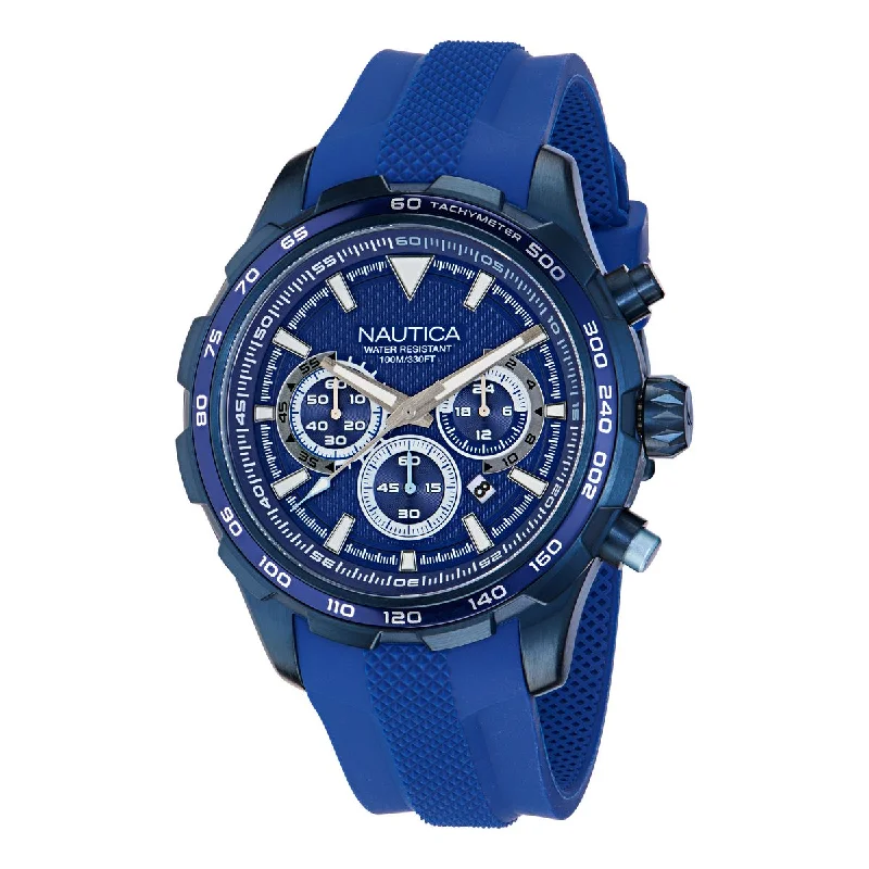 Women's Chronograph Watches with Hygrometer Feature-Nautica NST Blue Dial Round Case Quartz Analog Men Watch