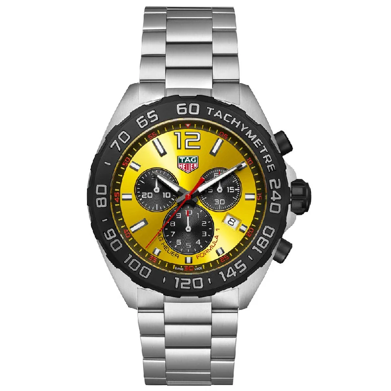 Women's Chronograph Watches with Luxury Materials-TAG Heuer Formula 1 43mm Yellow Dial Quartz Chronograph Gents Watch CAZ101AM.BA0842
