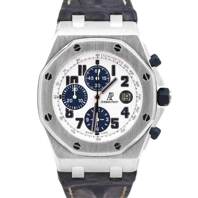 Audemars Piguet Local Brand Style Watches for Women-Audemars Piguet Royal Oak Offshore WHITE Blue Leather Chronograph Steel 26170ST