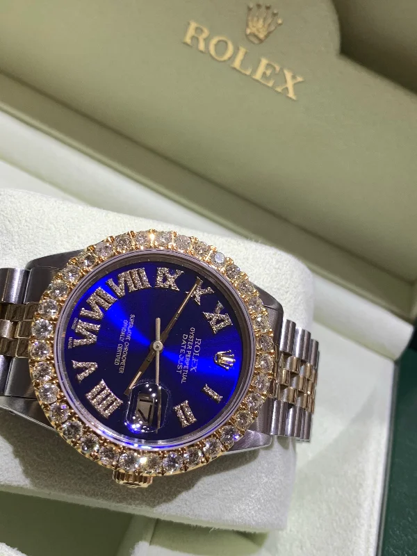 Best men's Rolex watch for small wrists under 40mm -16013 18k/Stainless steel Jubilee with Blue Roman Numeral Diamond dial 3.50ctw