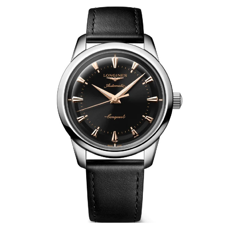 Women's Pilot Watches with Countdown Timer-Longines Conquest Heritage Black Lacquered Polished Dial Men 40mm