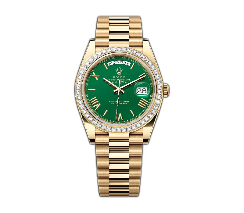 men's Rolex watches with tapestry dial -​40mm 18k Yellow Gold President Baguette Diamond Bezel Green Roman Dial