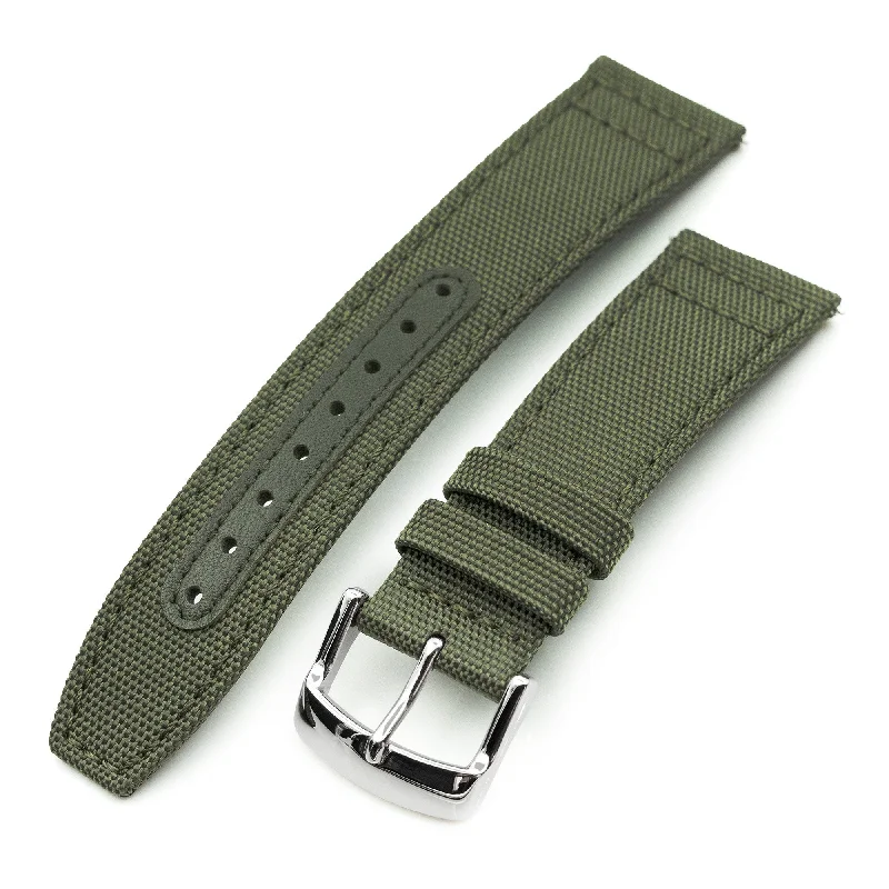 Men's Military Watches with Historical Context-Q.R. Military Green Sailcloth Watch Band with leather lining, 19mm, 20mm or 23mm