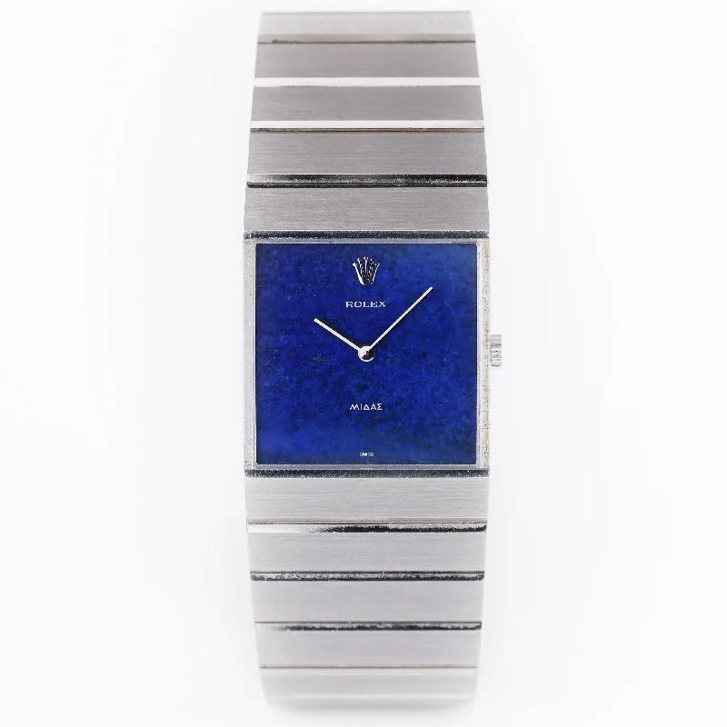 men's Rolex watches with sunburst dial -​Unpolished Rolex King Midas | REF. 3584 | Lapis Lazuli Dial | 18k White Gold | 1975